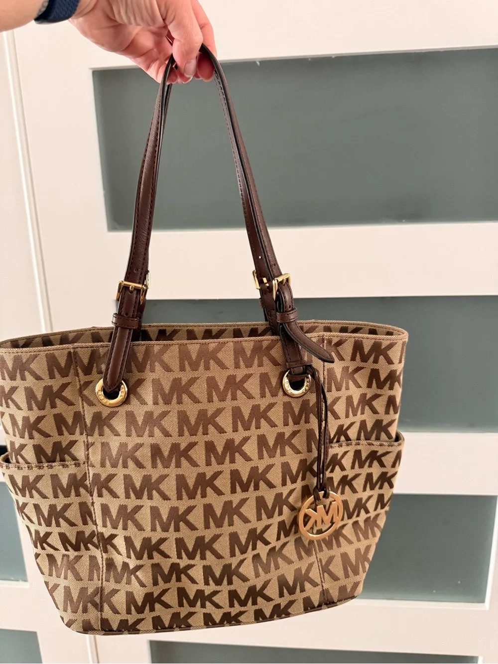 Michael Kors Brown MK Monogram Tote with Gold Hardware